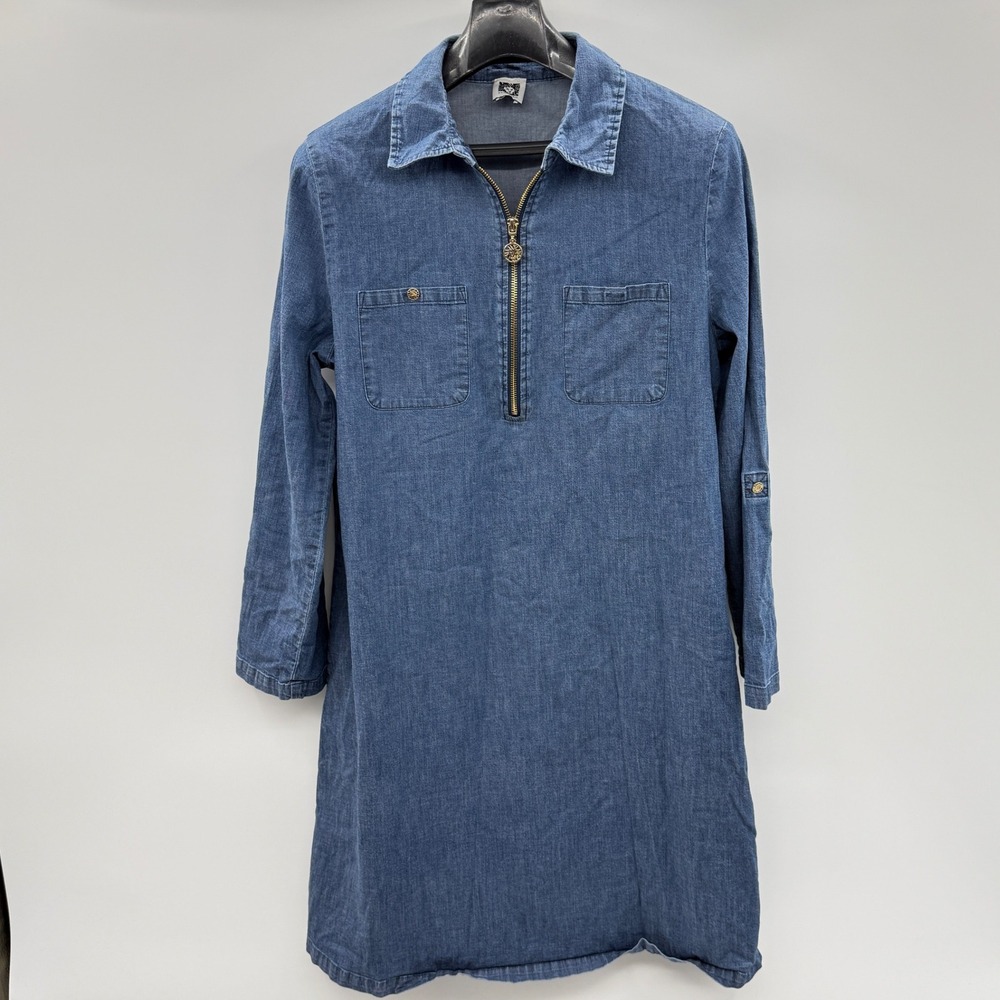 Anne Klein Chambray Denim Zip Shirt Dress 3/4 Sleeve Casual‎ Style Medium